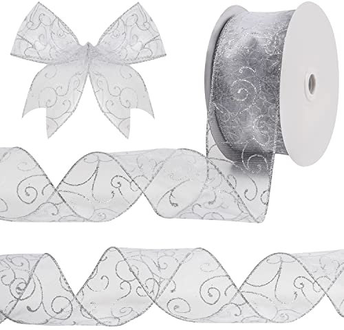 Belle Vous Silbernes Schleifenband - 46 m Langes & 60 mm Breites Organza Band mit Drahtkanten - Glitzerndes Geschenk Band für Weihnachtsbaum- & Partydeko, Geschenkverpackungen & Bastelarbeiten