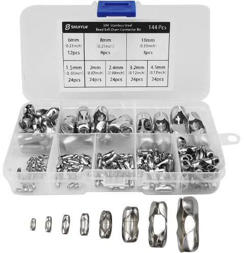 144Pcs 304 Stainless Steel Bead Ball Connector Kit, Roman Vertical Blind Cord Connector Clips, 8 Models, Fits for 1.5/2/2.4/3.2/4.5/6/8/10mm Beaded Ball Chain