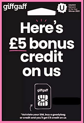 Pickpiff Tarjeta SIM Giffgaff O2 4G - Llamadas ilimitadas y texto en el Reino Unido, 5 bonos de crédito al topup inicial de £10, sin contrato, mensual rolling & pay as you go