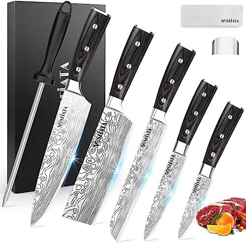 MOSFiATA Küchenmesser Set 5pcs, Kochmesser aus Hochwertigem Carbon Edelstahl, 7 Nakiri -Messer, 5 Utility Messer, Brotmesser, mit Fingerschutz Messerschärfer und Geschenkbox
