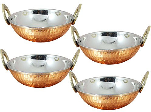 Devyom Stores ® Set of 4, Indian Copper Serveware Karahi Vegetable Dinner Bowl with Solid Brass Handle for Indian Food, Diameter- 15 cm (6 Inches)