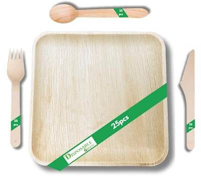 DISPOSABLE Green Palm Leaf Plates and Forks, Knives, Spoons Wooden Cutlery Set, Large Square Plates eco Friendly Biodegradable, Wedding Party 100 pcs (25 Items Each)