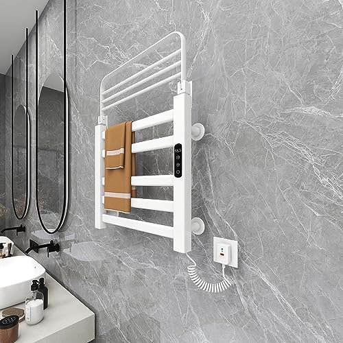 AHKFUL LCD Control Táctil Toallero Electrico Baño, Radiador Toallero Electrico Bajo Consumo Tiempo 1-9H, Ajuste de Temperatura 85-158 ℉, Estante Plegable de 90°,Sistemas de Seguridad, 4 Modos,Blanco