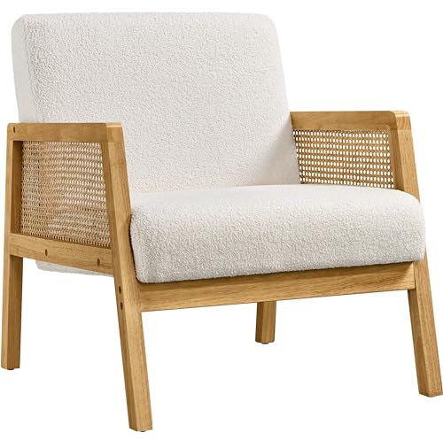 Yaheetech Boucle Fabric Accent Chair, Modern Armchair with Rattan Sides, Vintage Vanity Chair for Living Rooms, Bedrooms, Ivory