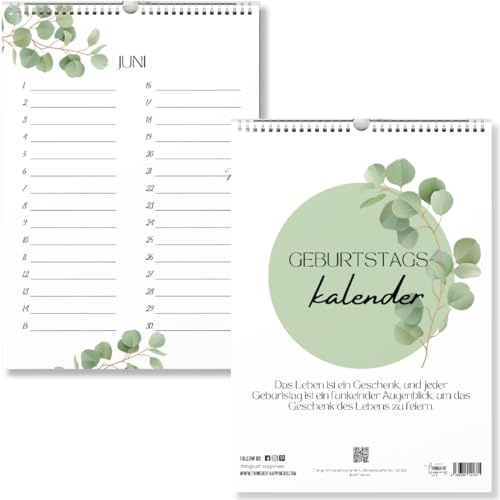 Geburtstagskalender I Kalender für Geburtstage und Jahrestage I jahresunabhängig immerwährend ohne Wochentage – Ewiger Kalender zum Eintragen von Geburtstagen (Grün Eucalyptus)