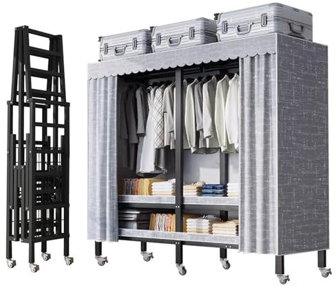 FPIGSHS 125CM Faltbarer kleiderschrank Aus Rollen, Tragfähigkeit 900kg, Metal Stoffschrank Stabil Faltschrank Mit Reißverschluss,Faltbarer kleiderschrank Garderobe Für Schlafzimmer(A, 125CM)