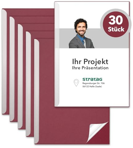 STRATAG Klemmschienen-Set (30 Stück) mit transparentem Deckel aus PP Kunststoff sowie Binderücken aus stabilem 350 g/m² Karton (Klemmmappe A4 Granatrot)