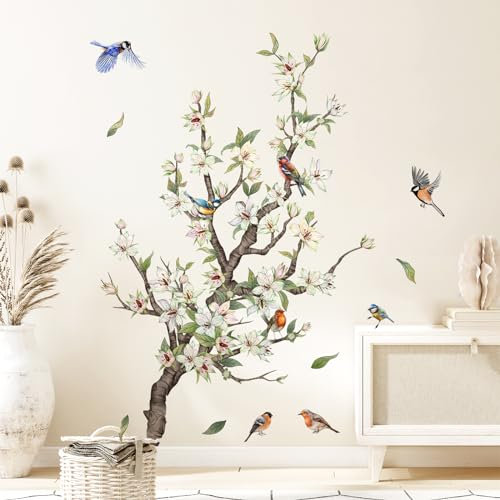 Tanlaby Blumen Baum Wandtattoo Vögel auf Baumzweig Wandaufkleber Grüne Zweige Florales Wandsticker für Wohnzimmer Schlafzimmer Sofa Büros Badezimmer Wanddekoration