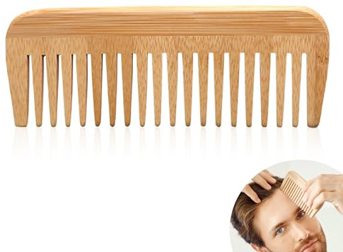 Pettine in Bambù Naturale a Denti Larghi, Pettine Antistatico Fatto a Mano, Ideale per Massaggio del Cuoio Capelluto e Cura dei Capelli, Adatto per Uomini e Donne, Design Ecologico e Sostenibile