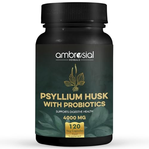 Ambrosial Psyllium Husk Capsules - 4000 MG with Probiotics: Detoxify and Revitalize Your Digestive System with Natural Fiber Support - 120 Vegan Capsules