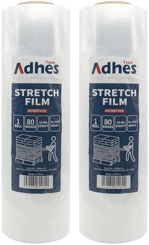 ADHES TAPE Stretchfolie Transparente Wickelfolie 457mm x 20um x 457m | 2-Rollen Industrielle Stärke Kunststofffolie Schrumpffolie für Palettenverpackung, Versand, Umzug