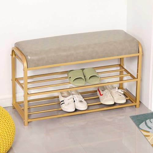 KaBuea Schuhbank für den Eingangsbereich mit Stauraum, schmale Bank für das Schlafzimmer, Ende des Bettes, Schuhregal aus Metall mit Sitz, kleine Ottomane für kleine Räume