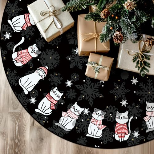 Tian Zhun Christmas Tree Skirt Black Tree Skirt Cat Xmas Party Winter Holiday Tree Mat 30 Inch for Indoor Outdoor Decorations