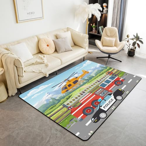 Loussiesd Polizeiauto Teppich 150x200cm Cartoon Auto Modern Teppich Feuerwehrauto Kinder Wohnzimmerteppich Cartoon Auto Druck Outdoor Teppich Notfallfahrzeug Flugzeug Küchenteppich Rot Grün