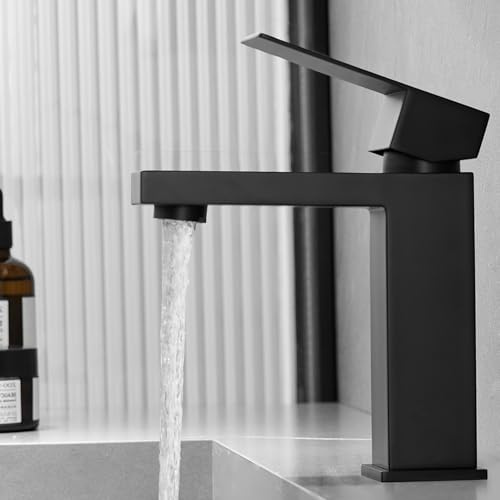 AIMADI Waschtischarmatur Einhebelmischer elegant in schwarz Wasserhahn Bad Moderne Badezimmer-Armatur mit Hochteller für Waschbecken, für Bad & Gäste-WC, Kalt-/Warmwasseranschluss