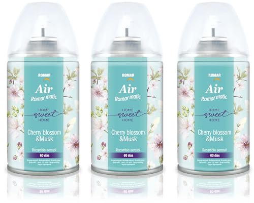 Pack 3 Recambios Aerosol Ambientador Spray Frescor Natural para Difusores y Manual, Esencia para hogar con Aroma Flor de Cerezo & Musco 250 ml