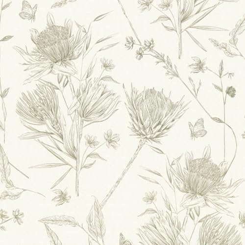 Carta da parati floreale Profhome 394273-GU Carta da parati TNT goffrata a caldo leggermente strutturata con ornamenti floreali opaca bianco verde 5,33 m2