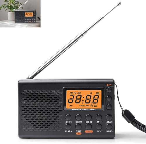 GOMETY Radio portátil AM/FM/SW para maletín, red y funcionamiento con batería, pantalla LED con la mejor recepción, altavoz integrado, conector para auriculares, reloj despertador, función de