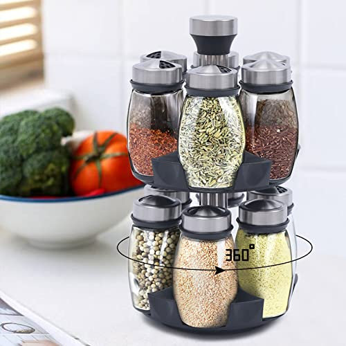 WEGJYKY 12 Jar Revolving Spice Rack Organizer Storage Stand Glass Seasoning Box Cruet Bottle Condiment Pots Set with 360°Rotating Holder, Salt & Pepper Herb Shakers for Kitchen Cooking Oil Sugar