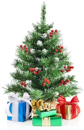 FANTASK 60 cm Kleiner Weihnachtsbaum, Tisch-Christbaum mit 76 Spitzen, roten Beeren & Zementbasis, Weihnachtsbaum künstlich für Weihnachtsdeko, Grün
