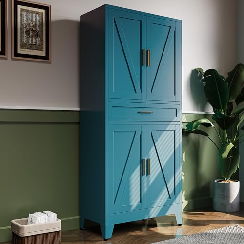 71H Metal Kitchen Pantry Cabinet with Drawers,Blue Kitchen Storage Cabinets with Doors,Farmhouse Pantry Food Storage Cabinets,Tall Pantry Cabinets,Large Freestanding Cabinets for Dining Room