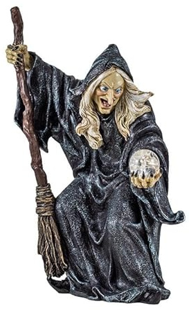 DRW Figura Bruja con Escoba y Bola de Cristal de Resina Pintado a Mano 30 cm