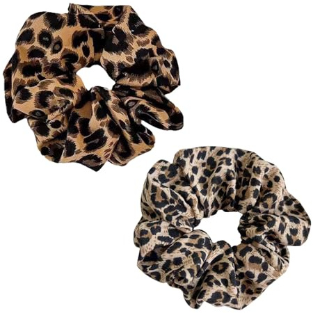 2 Stück Braun Leopard Scrunchies,Leopardenmuster Haargummi,Leopardenmuster für Damen,Groß Leo Elastisch Haarband,Scrunchies Ohne Haarbruch,Stoff Haargummis,für Mädchen Dickes Haar Und Dünnes Haare