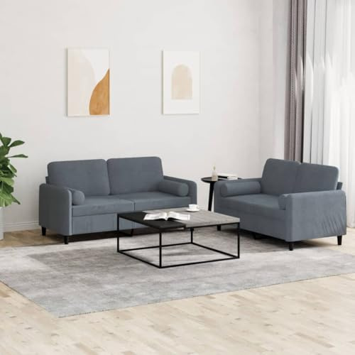 Ziaphsol 2-TLG. Sofagarnitur Dunkelgrau Samt, Bequeme Wohnzimmer Couch mit Kissen, Robuster Rahmen, 158 x 77 x 80 cm, Moderne Polstergarnitur für Zuhause
