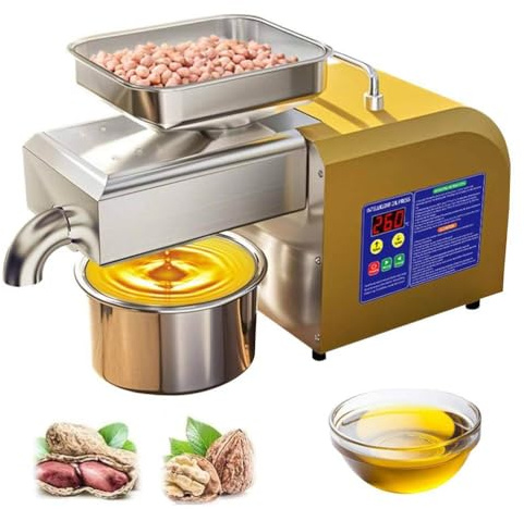 HSSTYLE Oil Press Machine Stainless Steel Organic Oil Press Hot/Cold Automatic Oil Extractor for Home Commercial
