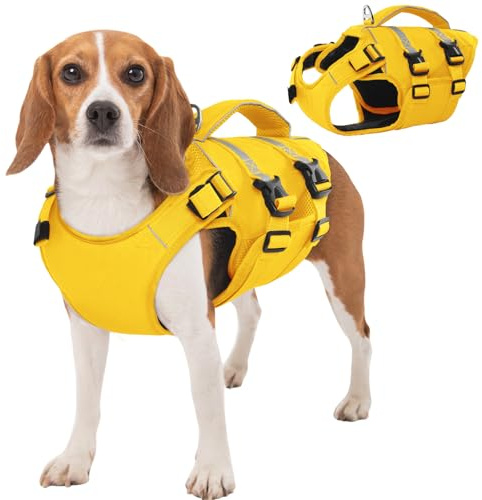 Kuos flytväst hund, medium, hundflytväst med handtag, gul L | Räddningsvästar för hundar med reflekterande, justerbar hundflytväst för medelstora hundar med förbättrad flytkraft