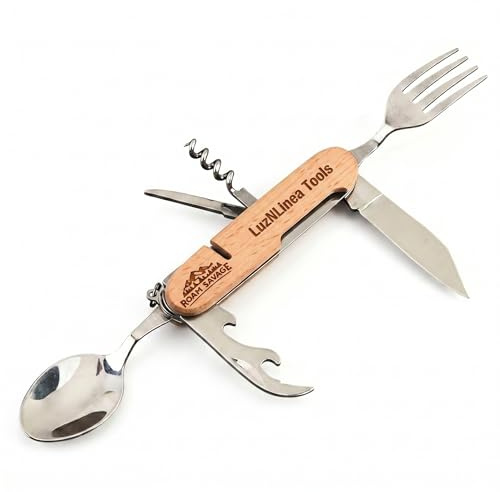 Roam Savage Outil Multifonction Camping en Acier Inoxydable, Couverts Pliables avec Couteau, Tire-Bouchon et Ouvre-Boîte, Kit Portable pour Randonnée, Backpacking et Outdoor