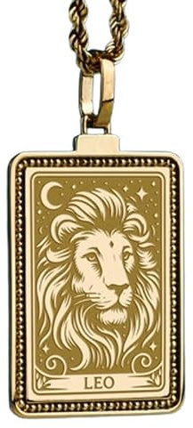 Collar con colgante del signo zodiacal Leo en relieve, hecho de plata de ley 925 con baño de oro, cadena de cable de 45 cm (18), dije rectangular para joyería unisex hecha a mano | WW_EMBO_00728