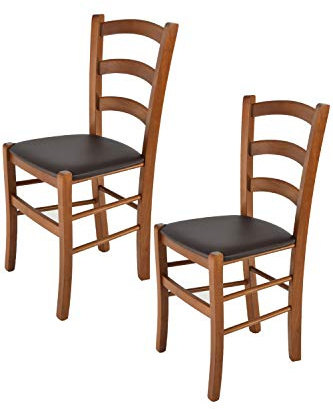 Tommychairs - 2er Set Stühle VENICE für Küche und Esszimmer, Struktur aus lackiertem Buchenholz im Farbton helles Nussbraun und gepolsterte Sitzfläche mit Kunstleder in der Farbe Mokka bezogen