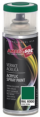 Ambro-Sol V4006000 Smalto Acrilico Multiuso, Vernice Brillante per Interni ed Esterni, Adatto per Qualsiasi Tipo di Materiale, Bomboletta Spray in Banda Stagnata Riciclabile 400 ml, Verde Patina