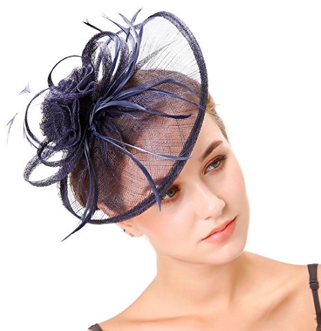 Ulalaza kvinnor fascinator-hatt hårklämma fjäder bröllop brud cocktail hatt derby kyrka bankett för flickor, 5000904/NAVY, one size