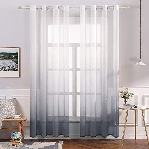 MIULEE Gardinen Transparent Vorhänge Farbverlauf Voile Sheer 2er Set Vorhang mit Ösen Dekoschal Fensterschal für Schlafzimmer und Wohnzimmer 175 cm x 140 cm(H x B) Weiß Grau