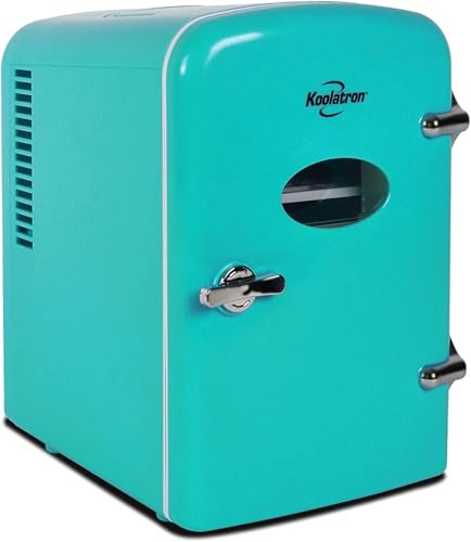 Koolatron Retro Mini Fridge For Bedrooms 12V Portable Cooler Refrigerator 4L Small 6 Can Table Top Quiet Mini Fridges For Skincare Food Drinks Kids Home Car & Travel Aqua