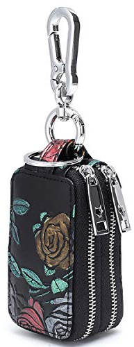 Aileder Key Case Holder Genuine Leather Car Keyring Key Pouch Hand Painted Flowers Keychain Wallet for Women Ladies Double Zipper Keyring Purse (Golden Rose)