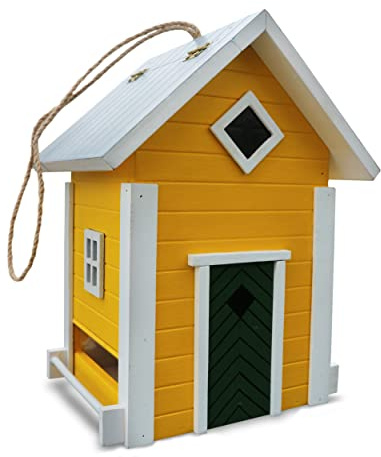 HABAU Futterhaus Schweden, Gelb, 18,5 x 16,5 x 25 cm | zum Aufhängen, montierter Futterspender mit Kordel