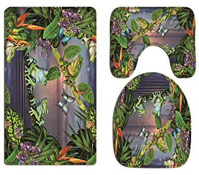 A.Monamour Set Tappeti Bagno 3 Pezzi Completo Acquerello Foglie Tropicali Fiori Rana Verde Sul Ramo Di Un Albero Farfalla Antiscivolo Morbidi Assorbente Lavabile Tappetini per Il Bagno WC Bidet