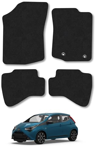 Toyota Aygo (2014-2021) [Hook Clip] Car Mats Accessories Tailored Fit Carpet Floor Mats Non Slip Black Trim Full Coverage Compatible Accessory Front Rear Set Anti Slip Granulated Backing Clips