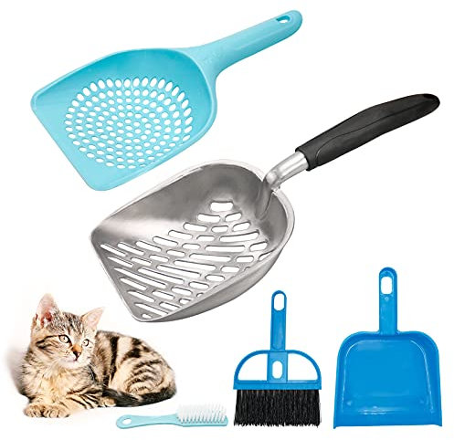 4 Stück Katzenstreu Schaufel Reinigungswerkzeug, Katzenklo Schaufel Aus Robustemaluminium, Größe Silikon Langgriff Tiefer Schaufel mit Kleine Löcher Kunststoff Katzenschaufel Schaufel Besensets (Blau)