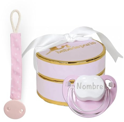 Regalo Neonato Maschio Femmina | Ciuccio per Bambini con Nome | de 0|6 Mesi e Portaciuccio Rosa | Senza BPA | Presentato in una scatola elegante personalizzata | BebeDeParis