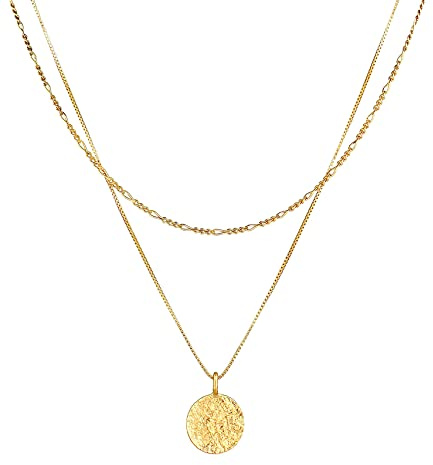Kuzzoi Herren Silber-Halskette Layer Look mit Coin (15 mm), Halskette für den Mann in 925 Sterling Silber vergoldet, Goldene Layer Kette mit rundem Plättchen, Herrenkette mit Anhänger handgefertigt