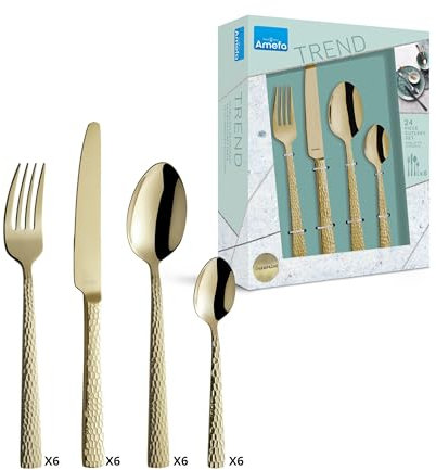 Amefa PVD Besteck Set Felicity Champagner 24-teiliges Essbesteck Set Für 6 Personen 18/0 Edelstahl 13/0 Klingenstahl Gehämmerter Griff Mit Messer Gabel Löffel & Kaffeelöffel 3319ZVTR24C40