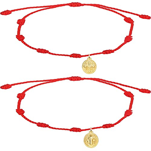 cotigo, Pulsera Roja de Nudos con Amuleto en Acero, Suerte y Protección, Pulsera Mal de Ojo para Parejas y Amistad, Bisutería Ajustable para Mujer y Hombre. (SAN BENITO)