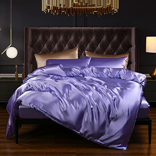 ChliEarime Heicatte 3Pcs Lavender Satin Duvet Cover Set King 102x90 Inch， with Satin Duvet Cover - Not Comforter, Silky Comforter Cover Set Satin Duvet Covers and 2 Pillowcases