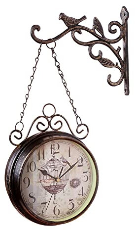 predolo Orologio da Parete a Doppia Faccia in Stile Europeo Vintage Marrone per Giardino E Casa, Studio, Regalo