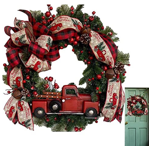 A/R Roter LKW-Weihnachtskranz | 40 cm 15,7 Zoll künstlicher mit roten Beeren und Schleife,Frohe Weihnachten hängende Dekoration Eukalyptus Girlande für Haustür Fenster Kamin