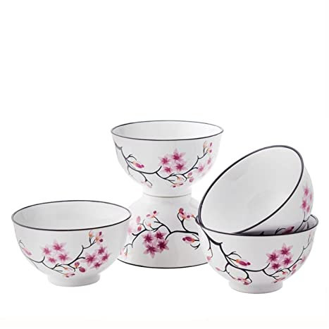 TRENTSNOOK Set di Piatti Piani in Ceramica Set di Ciotole di Riso Modello Sakura in Porcellana Bianca da 5 Pezzi 500 ml Set di Ciotole di Ramen di Spaghetti di Insalata Mista